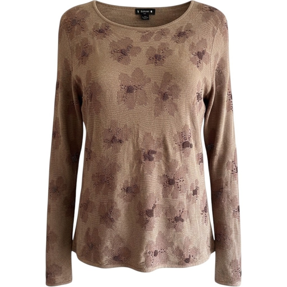 Susan‎ Ltd Womens XL Brown Floral Beaded Knit Long Sleeve Top Vintage 2003 Y2K